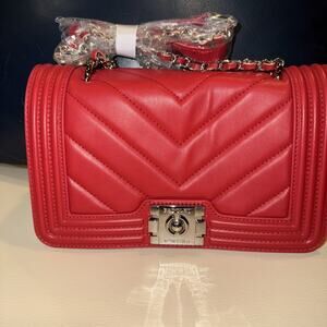 Badgley Mischka Chevron Quilted Crossbody Bag Red Vegan Leather NWT